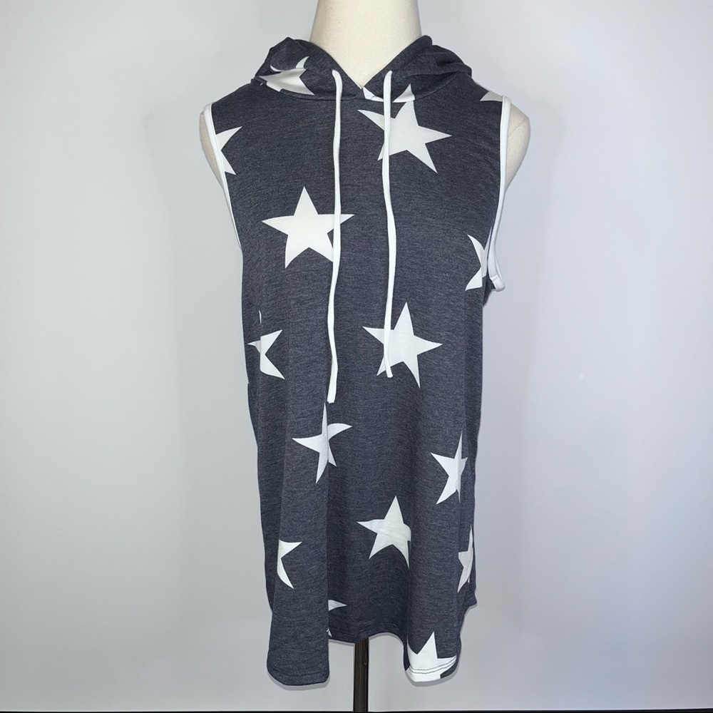 7TH RAY Navy Blue White Stars Sleeveless Hoodie Medium